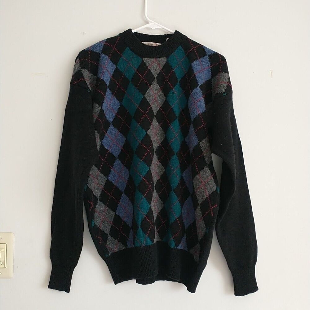 Northern Isles Sweater Pullover Women L Black Diamond 100% Lambswool Knit Preppy
